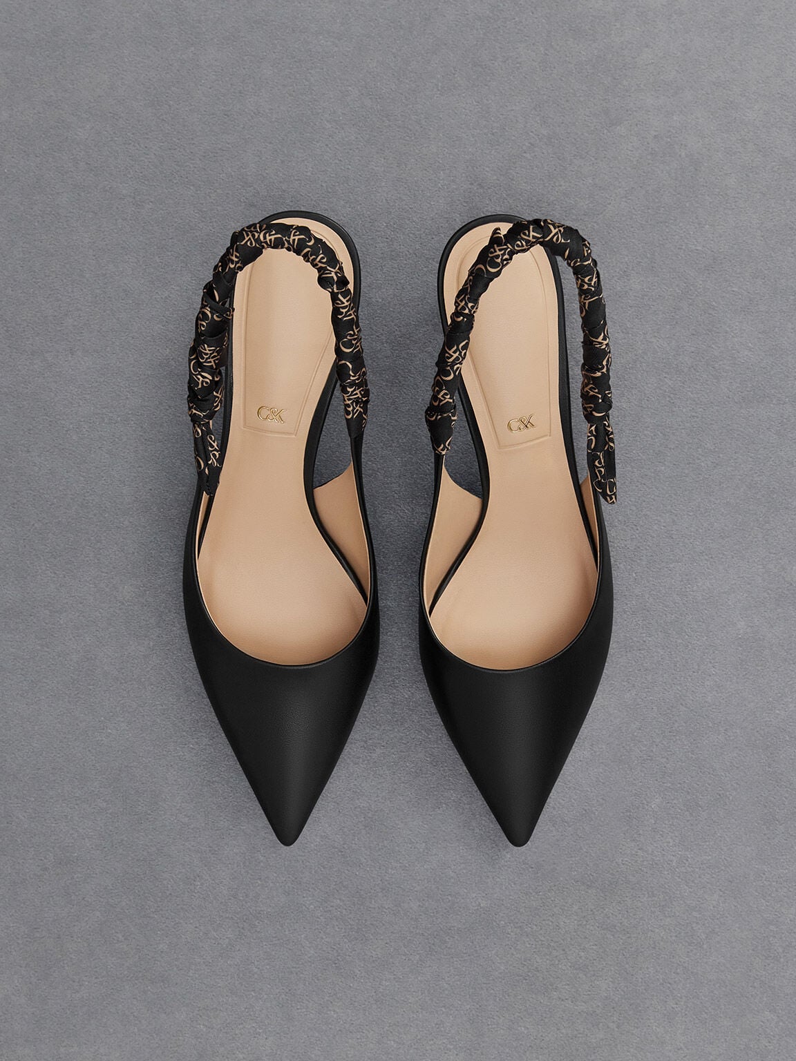 Tully Leather Ruched Print Slingback Pumps - Black | CHARLES & KEITH