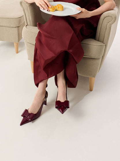 Lu Patent Leather Bow Slingback Pumps - Burgundy | CHARLES & KEITH