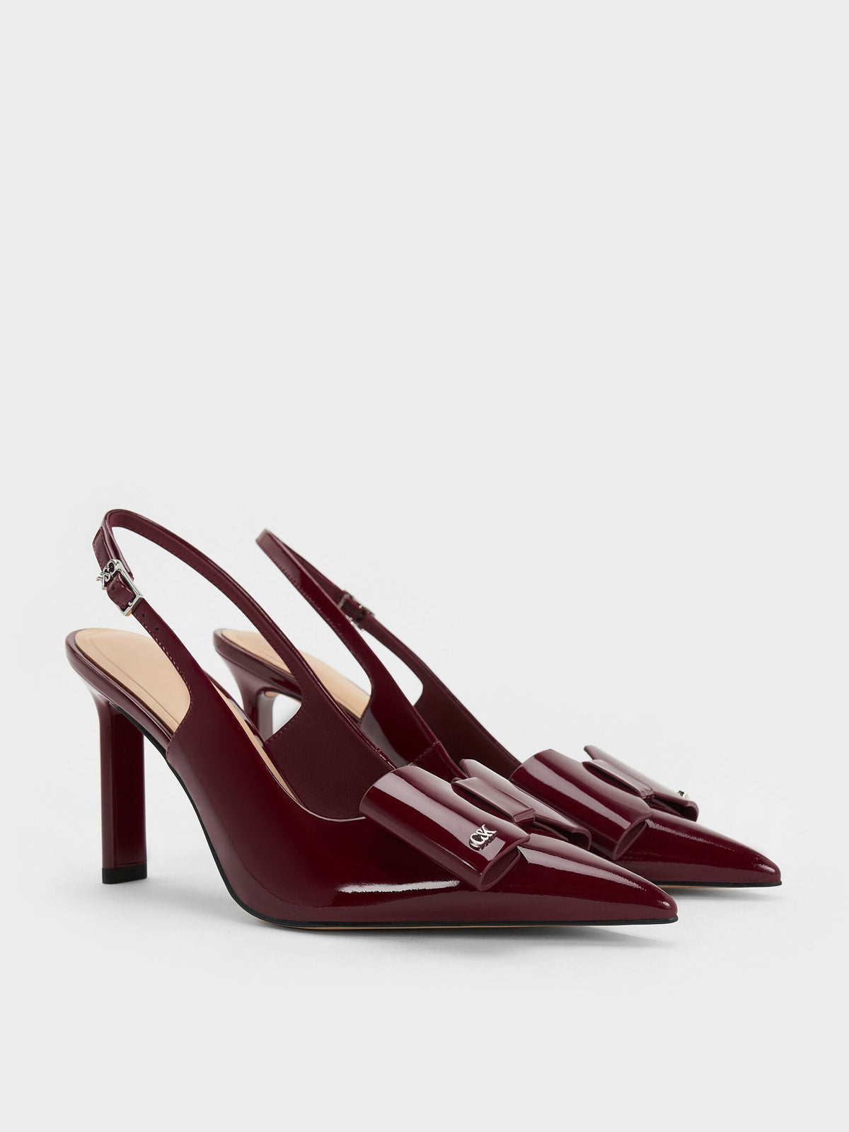 Lu Patent Leather Bow Slingback Pumps - Burgundy | CHARLES & KEITH