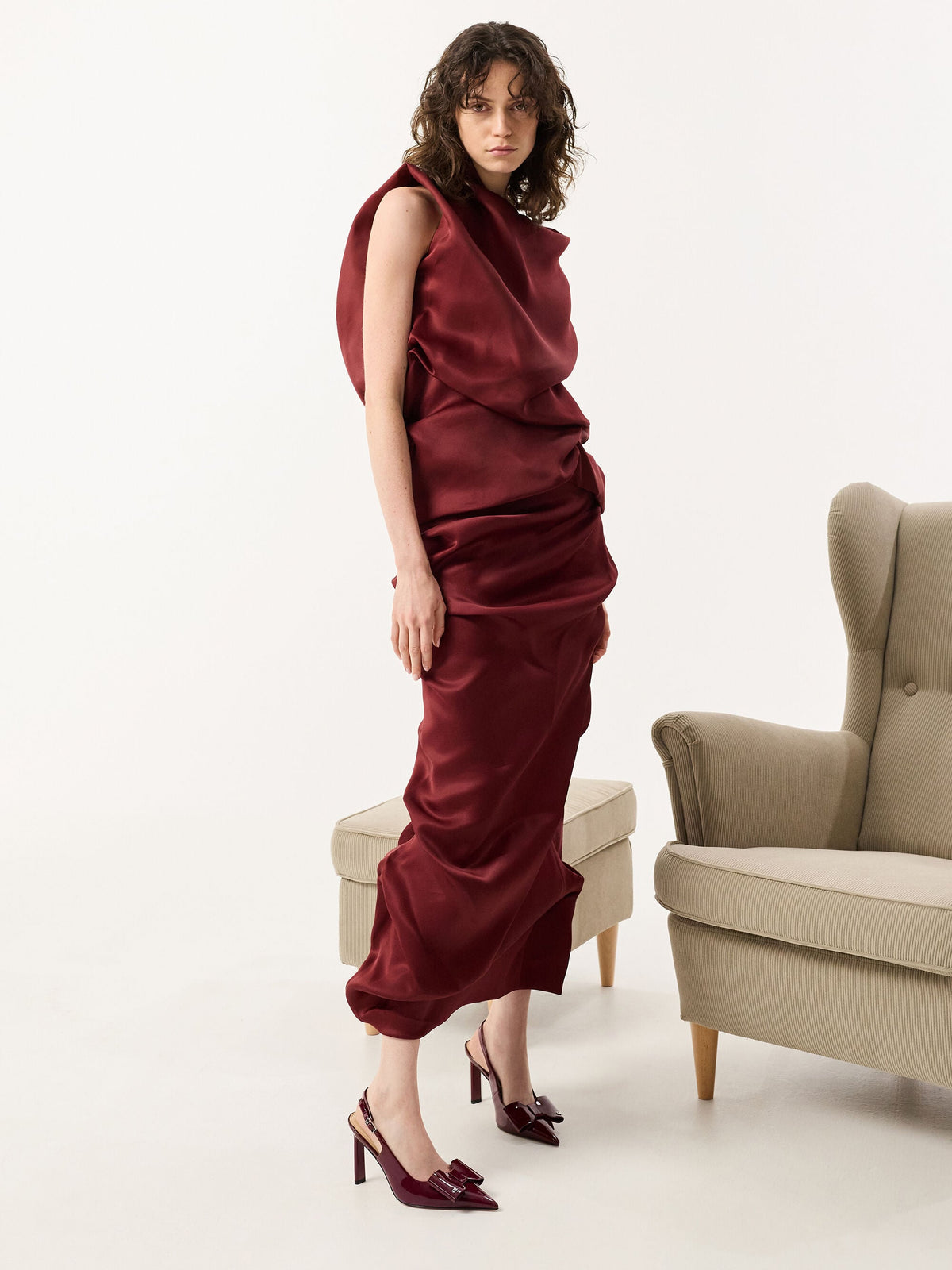 Lu Patent Leather Bow Slingback Pumps - Burgundy | CHARLES & KEITH
