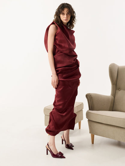 Lu Patent Leather Bow Slingback Pumps - Burgundy | CHARLES & KEITH