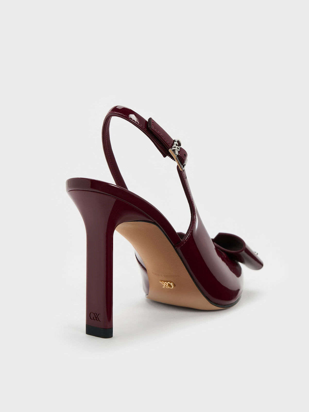 Lu Patent Leather Bow Slingback Pumps - Burgundy | CHARLES & KEITH