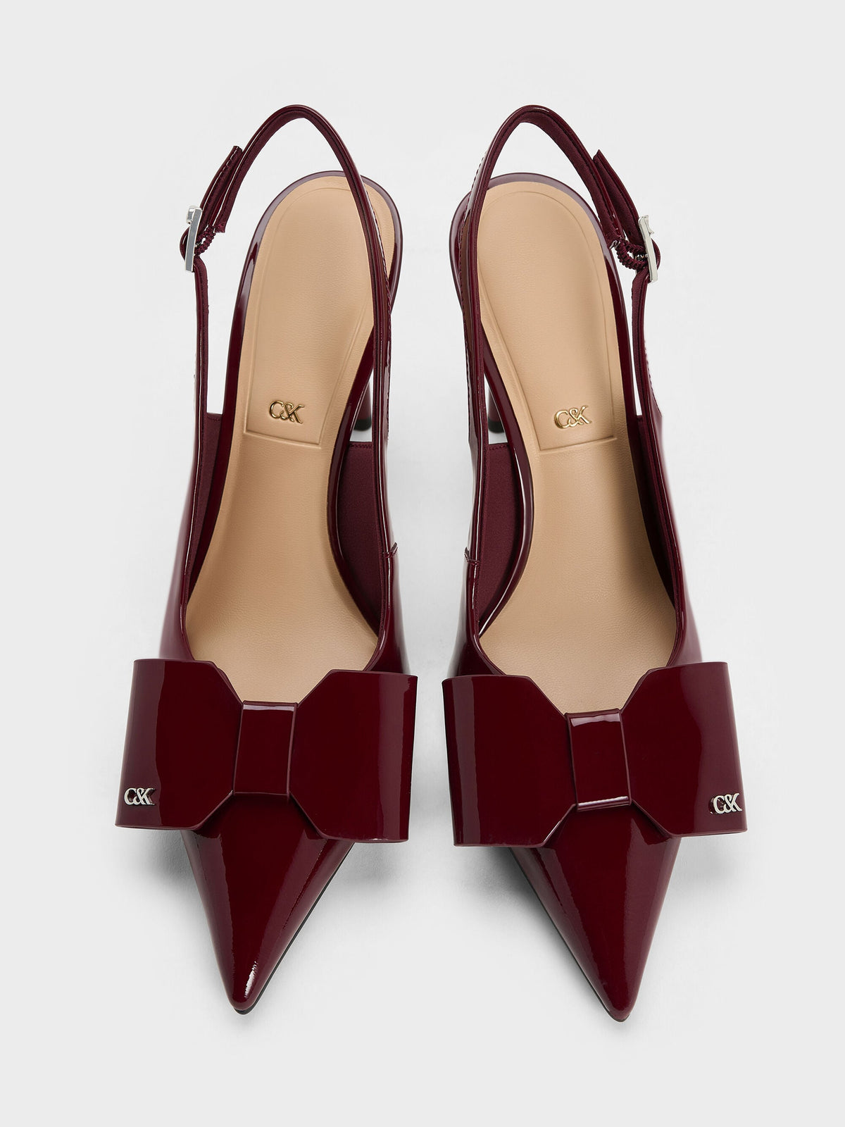 Lu Patent Leather Bow Slingback Pumps - Burgundy | CHARLES & KEITH