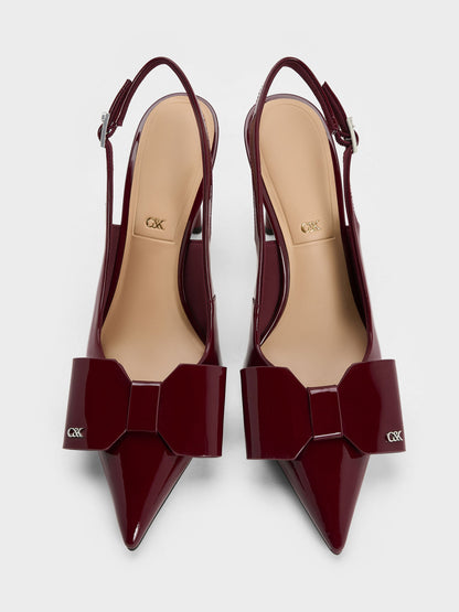 Lu Patent Leather Bow Slingback Pumps - Burgundy | CHARLES & KEITH