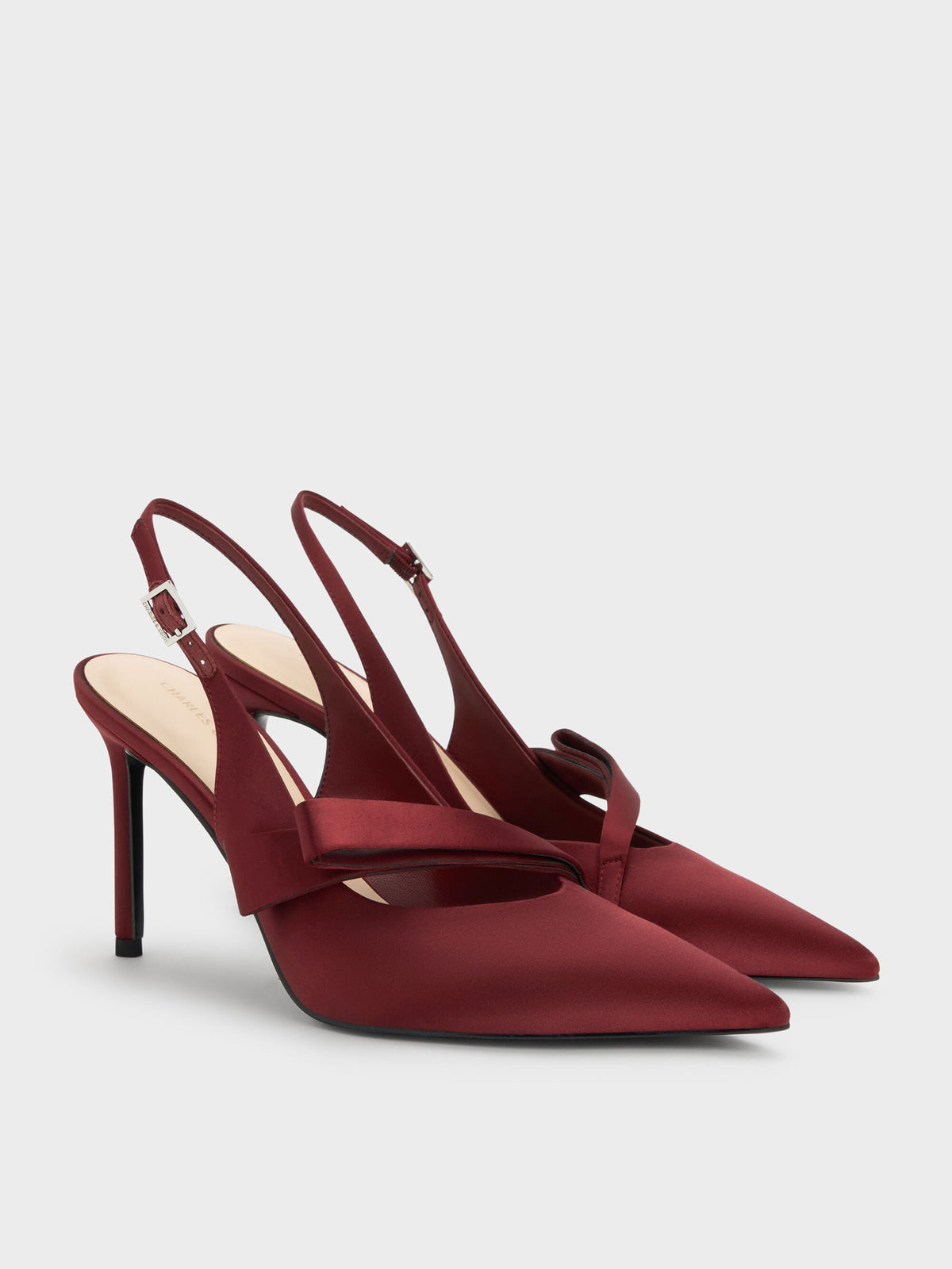 Satin Pleated-Strap Slingback Pumps - Red | CHARLES & KEITH