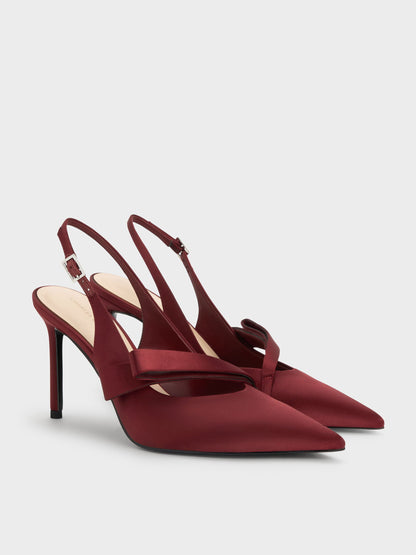 Satin Pleated-Strap Slingback Pumps - Red | CHARLES & KEITH