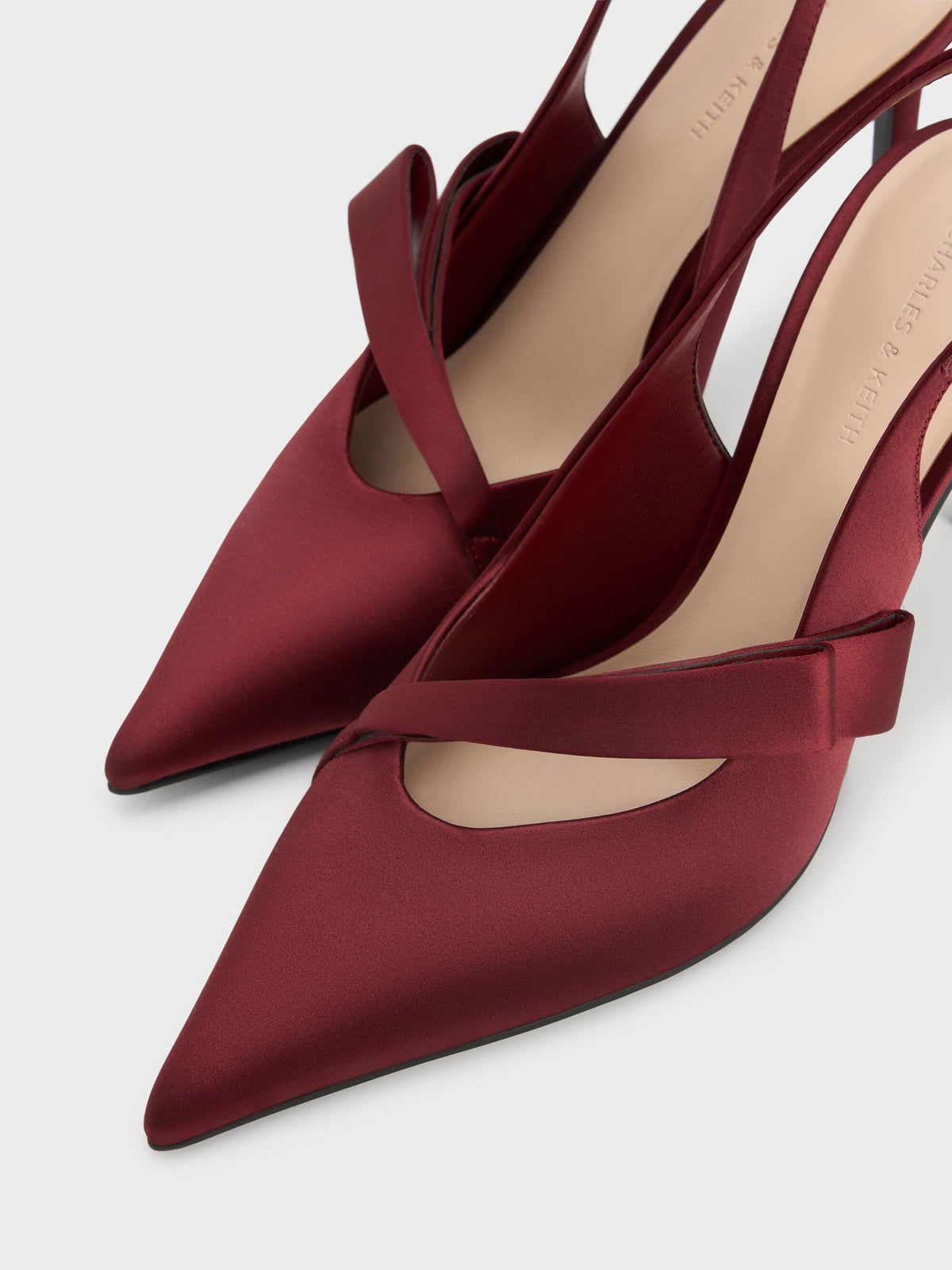 Satin Pleated-Strap Slingback Pumps - Red | CHARLES & KEITH