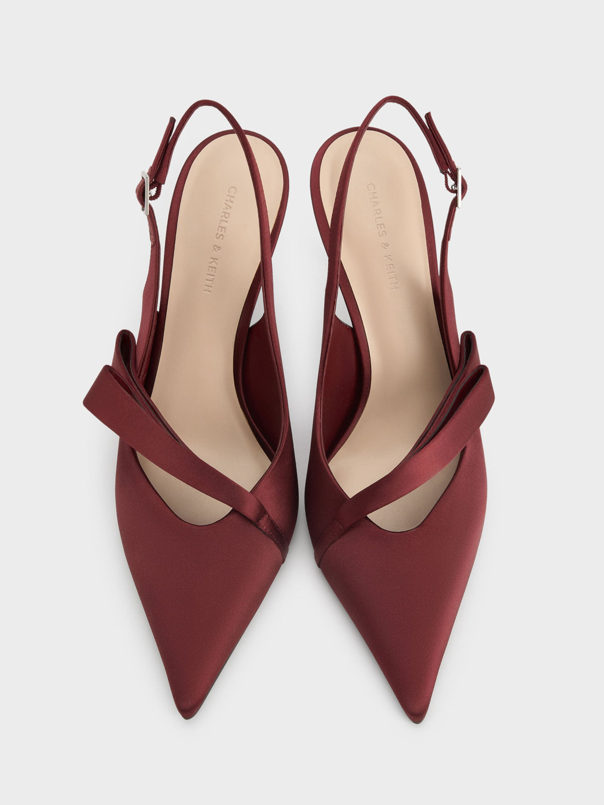 Satin Pleated-Strap Slingback Pumps - Red | CHARLES & KEITH