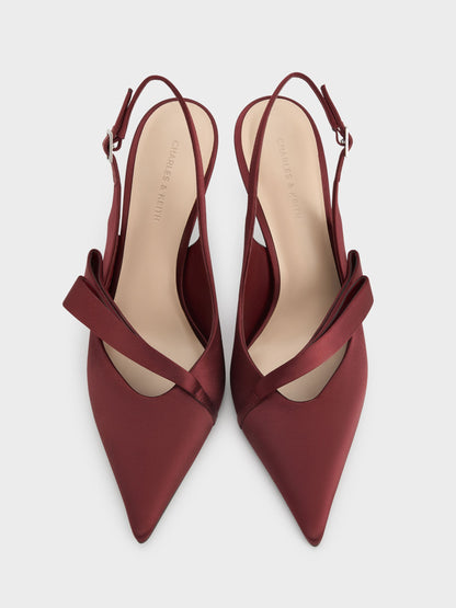 Satin Pleated-Strap Slingback Pumps - Red | CHARLES & KEITH