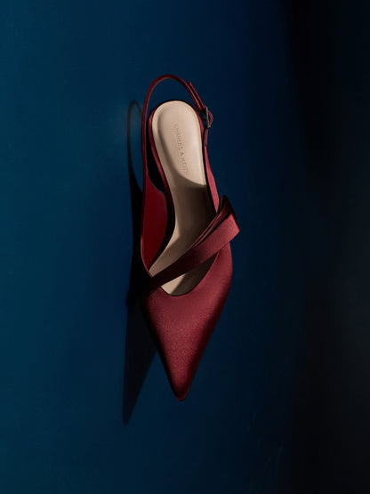 Satin Pleated-Strap Slingback Pumps - Red | CHARLES & KEITH