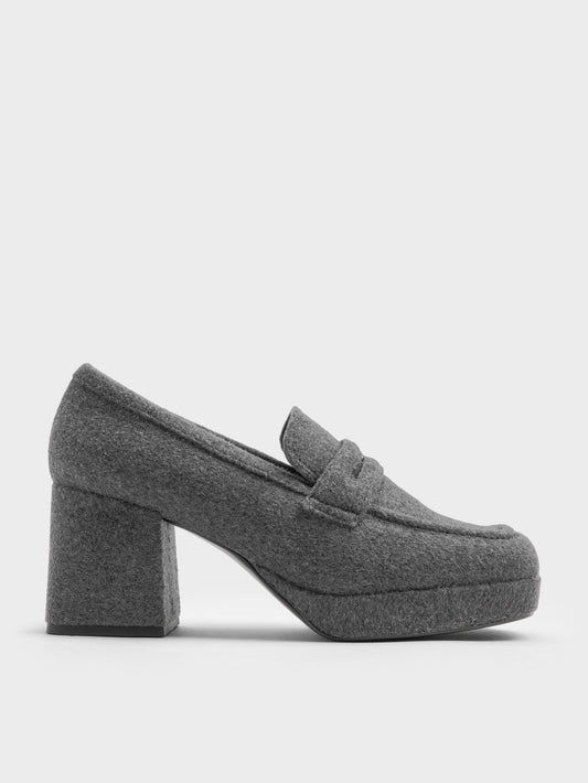 Felt Platform Penny Loafer Pumps - Grey | CHARLES & KEITH