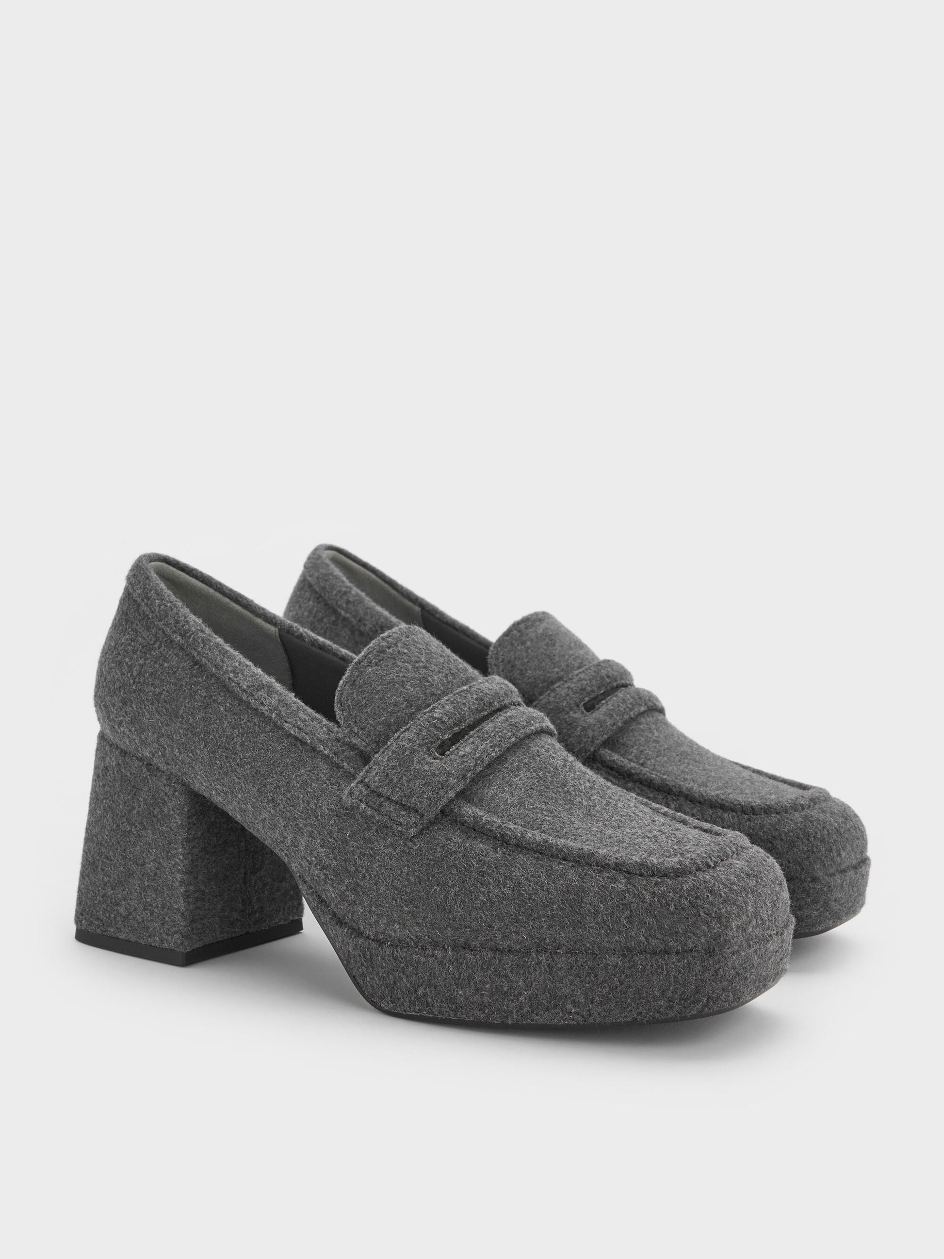 Felt Platform Penny Loafer Pumps - Grey | CHARLES & KEITH