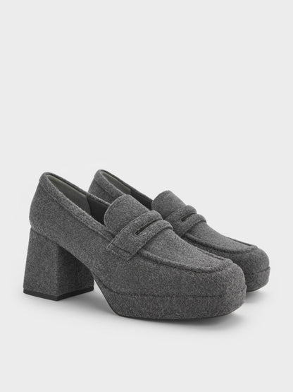 Felt Platform Penny Loafer Pumps - Grey | CHARLES & KEITH
