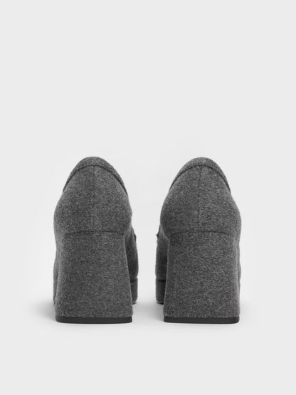 Felt Platform Penny Loafer Pumps - Grey | CHARLES & KEITH