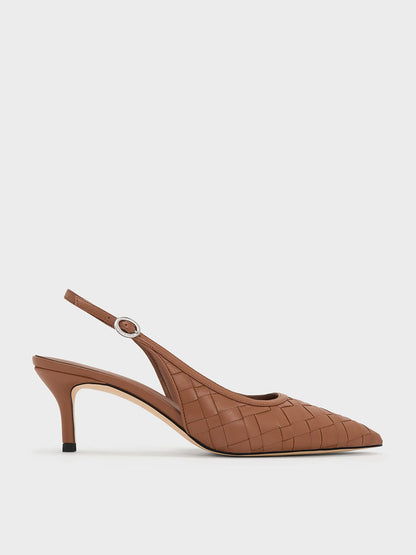 Ivette Woven Pointed Slingback Pumps - Brown | CHARLES & KEITH
