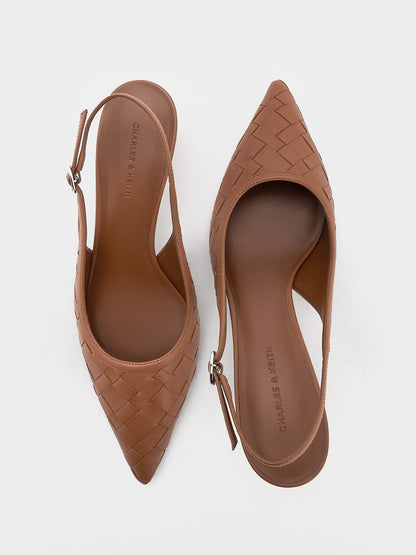 Ivette Woven Pointed Slingback Pumps - Brown | CHARLES & KEITH