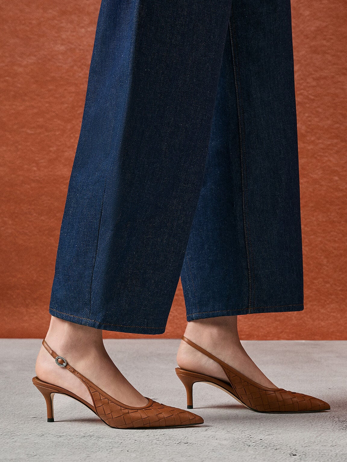 Ivette Woven Pointed Slingback Pumps - Brown | CHARLES & KEITH