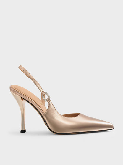 Metallic Leather Crystal-Buckle Slingback Pumps - Bronze | CHARLES & KEITH