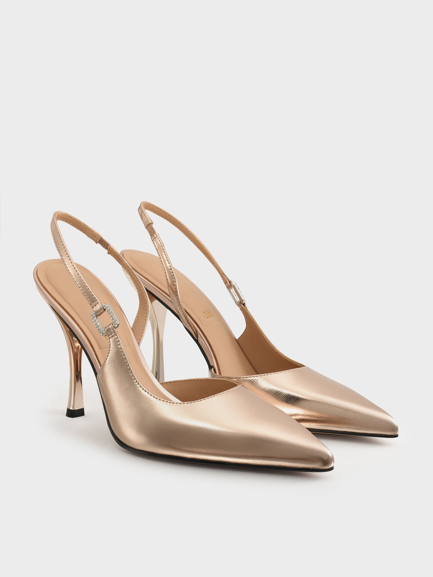 Metallic Leather Crystal-Buckle Slingback Pumps - Bronze | CHARLES & KEITH