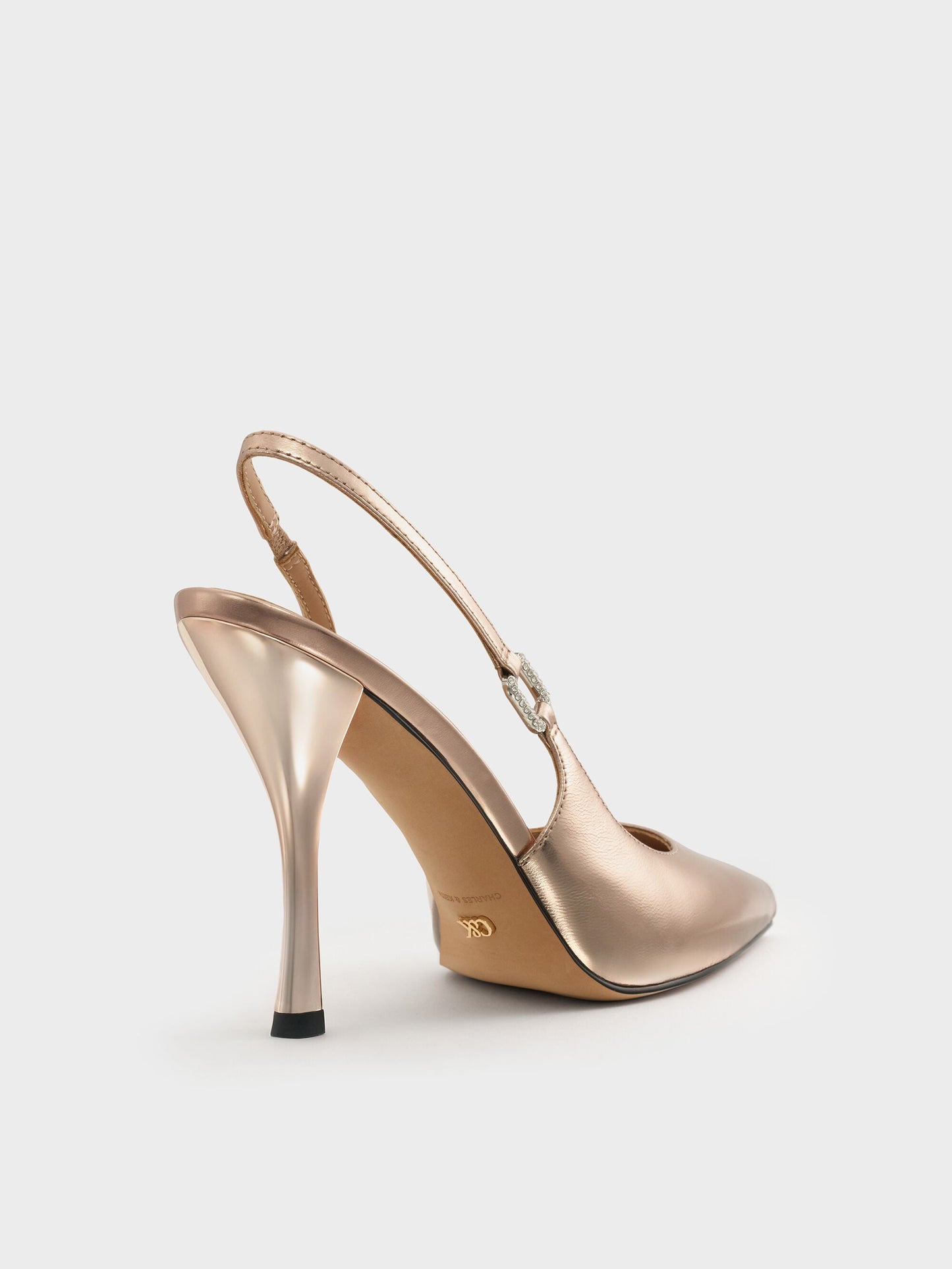 Metallic Leather Crystal-Buckle Slingback Pumps - Bronze | CHARLES & KEITH