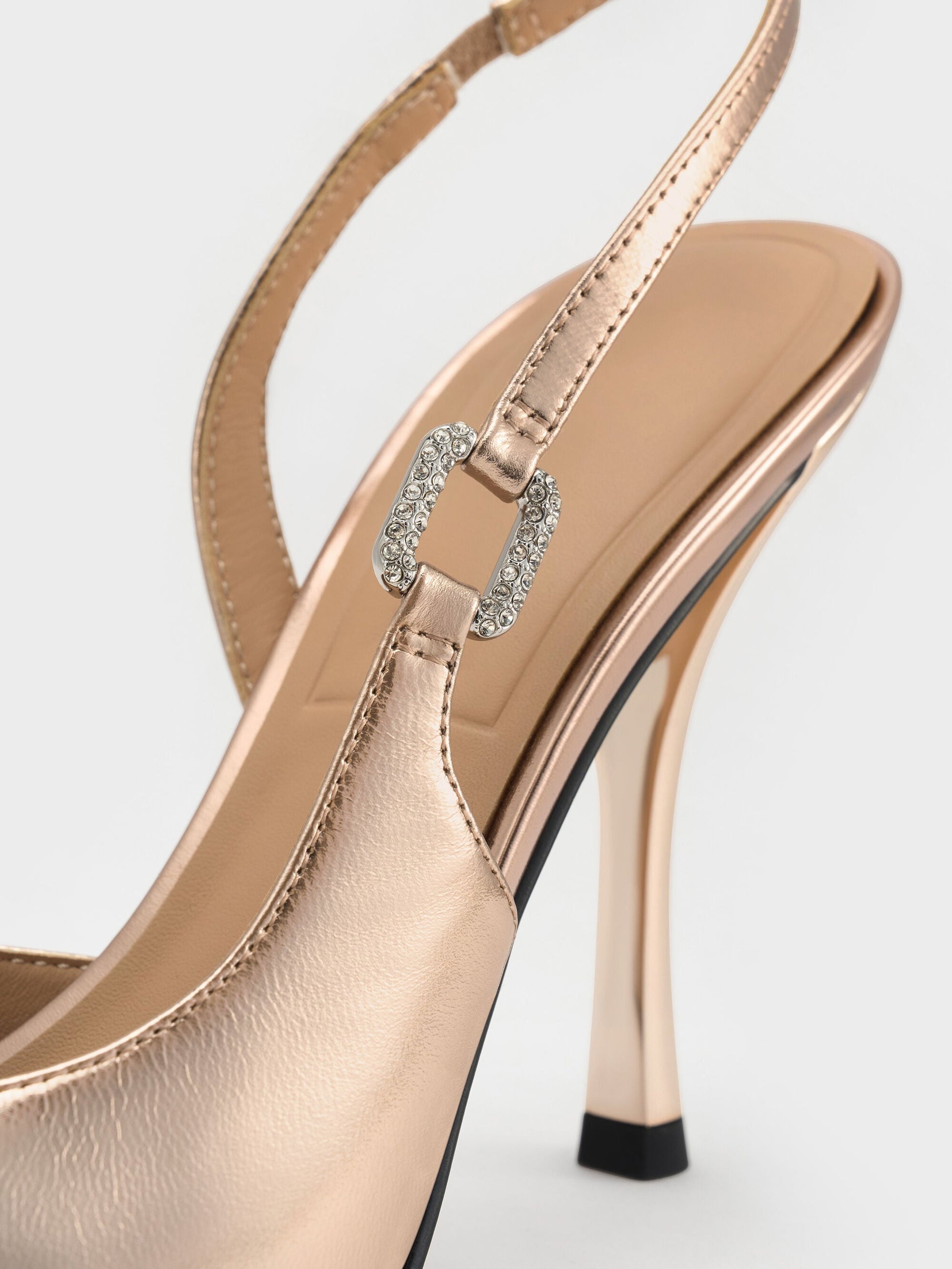 Metallic Leather Crystal-Buckle Slingback Pumps - Bronze | CHARLES & KEITH