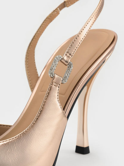 Metallic Leather Crystal-Buckle Slingback Pumps - Bronze | CHARLES & KEITH