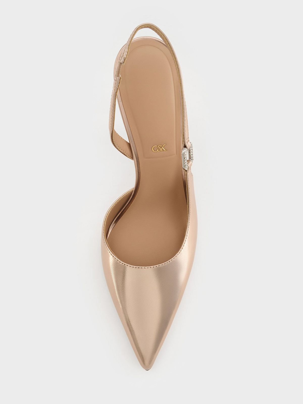 Metallic Leather Crystal-Buckle Slingback Pumps - Bronze | CHARLES & KEITH