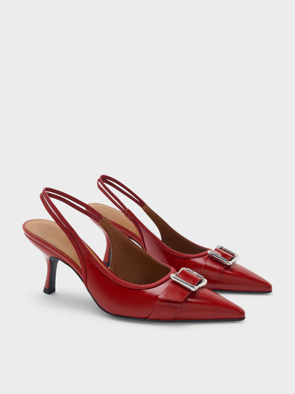 Anita Buckled Pointed Slingback Pumps - Red | CHARLES & KEITH