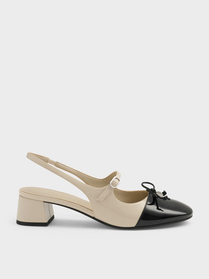 Two-Tone Patent Bow Slingback Pumps - Chalk | CHARLES & KEITH