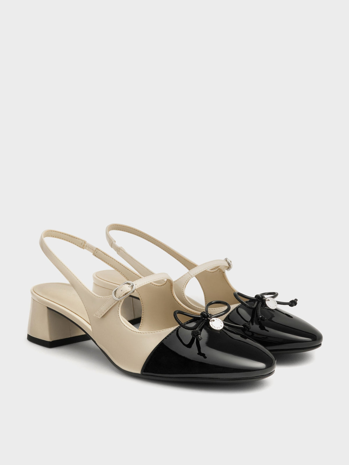 Two-Tone Patent Bow Slingback Pumps - Chalk | CHARLES & KEITH