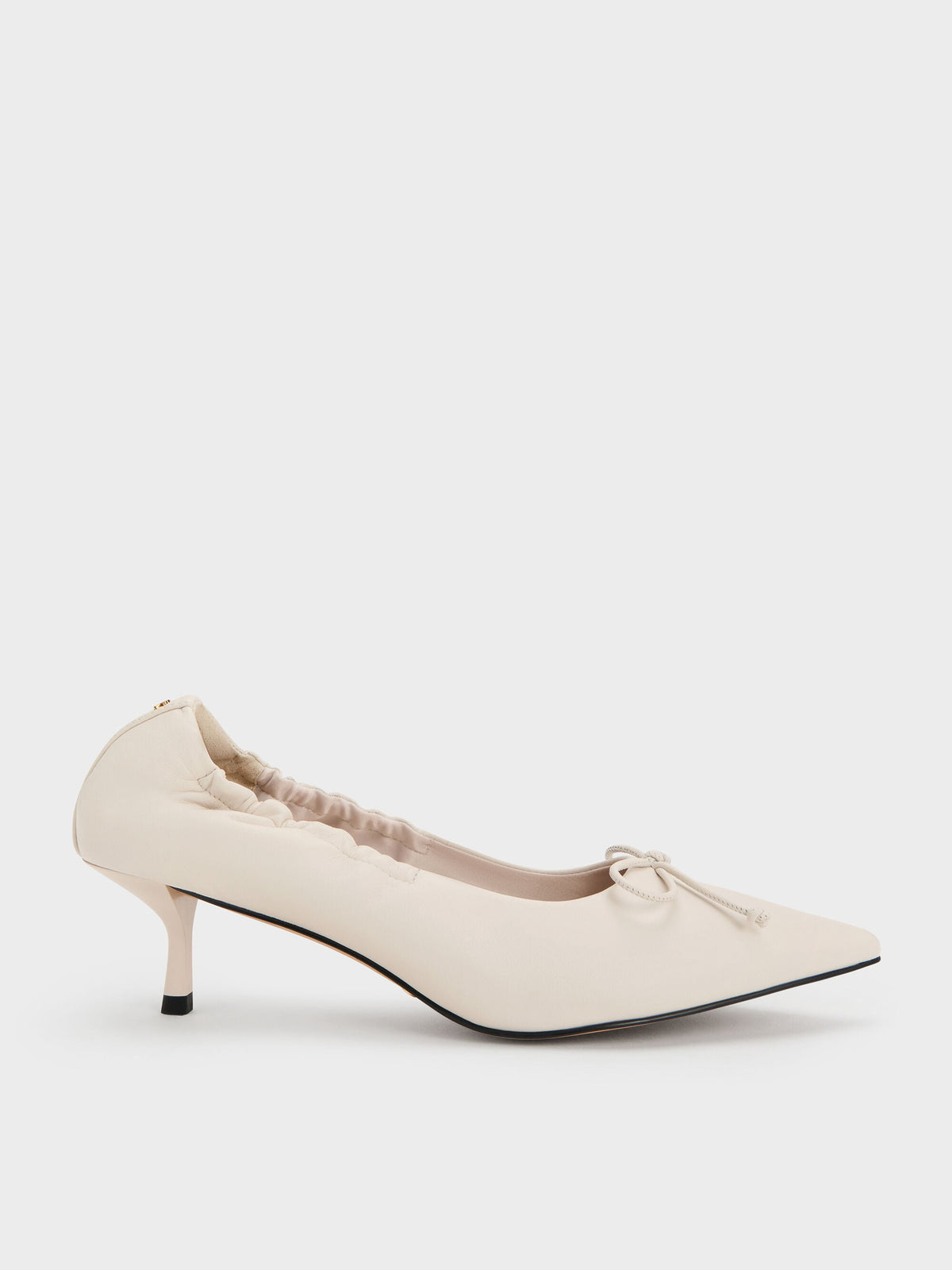 Leather Ruched Pointed Kitten Heels - Chalk | CHARLES & KEITH