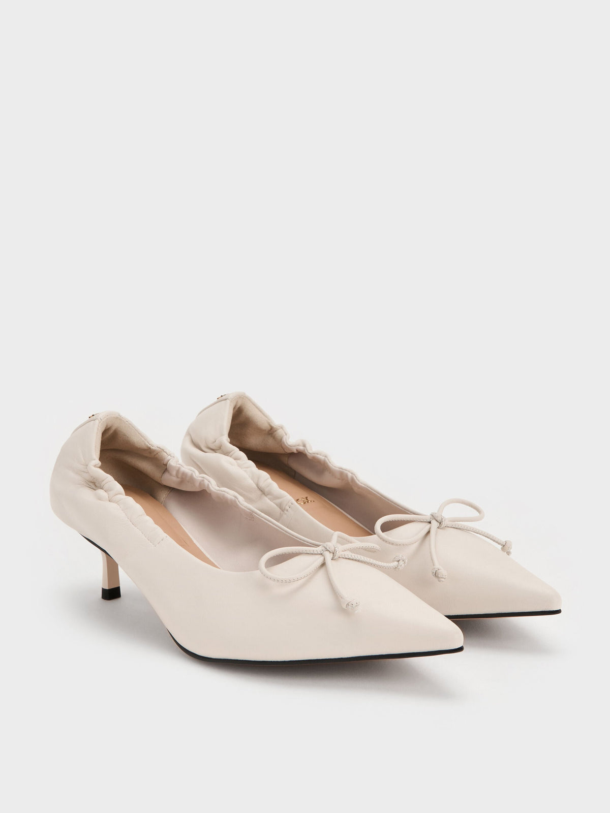 Leather Ruched Pointed Kitten Heels - Chalk | CHARLES & KEITH