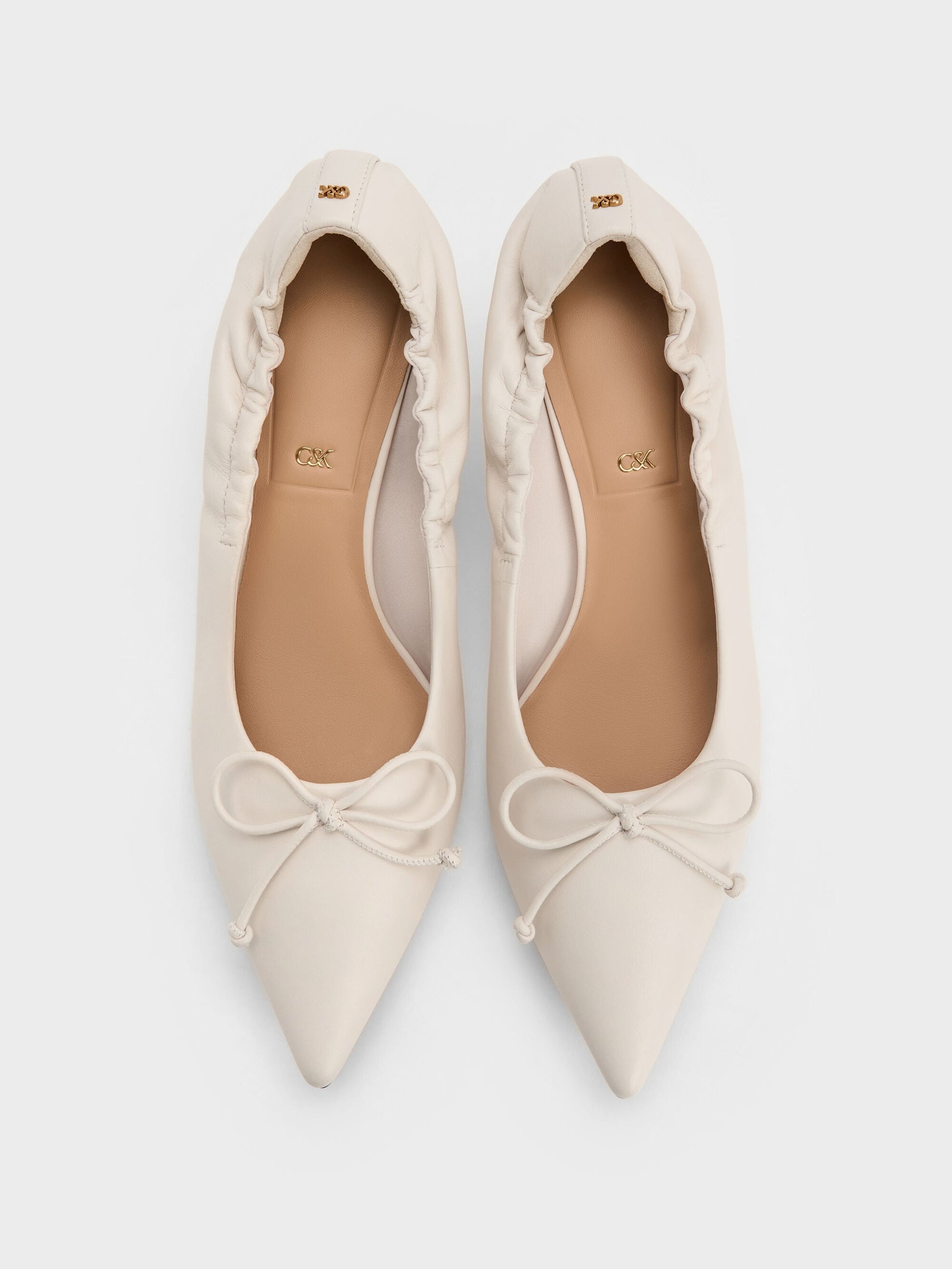 Leather Ruched Pointed Kitten Heels - Chalk | CHARLES & KEITH