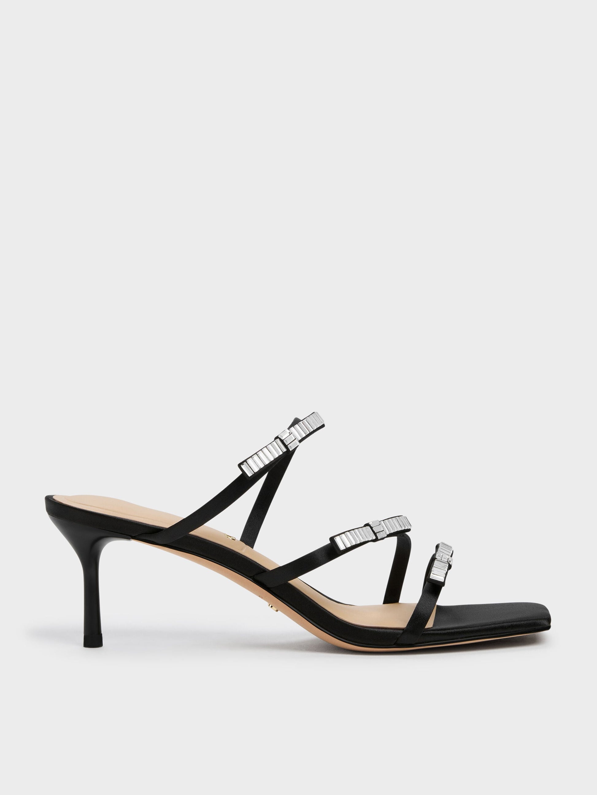 Jessy Gem-Bow Heeled Sandals - Black Textured | CHARLES & KEITH