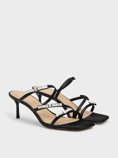 Jessy Gem-Bow Heeled Sandals - Black Textured | CHARLES & KEITH