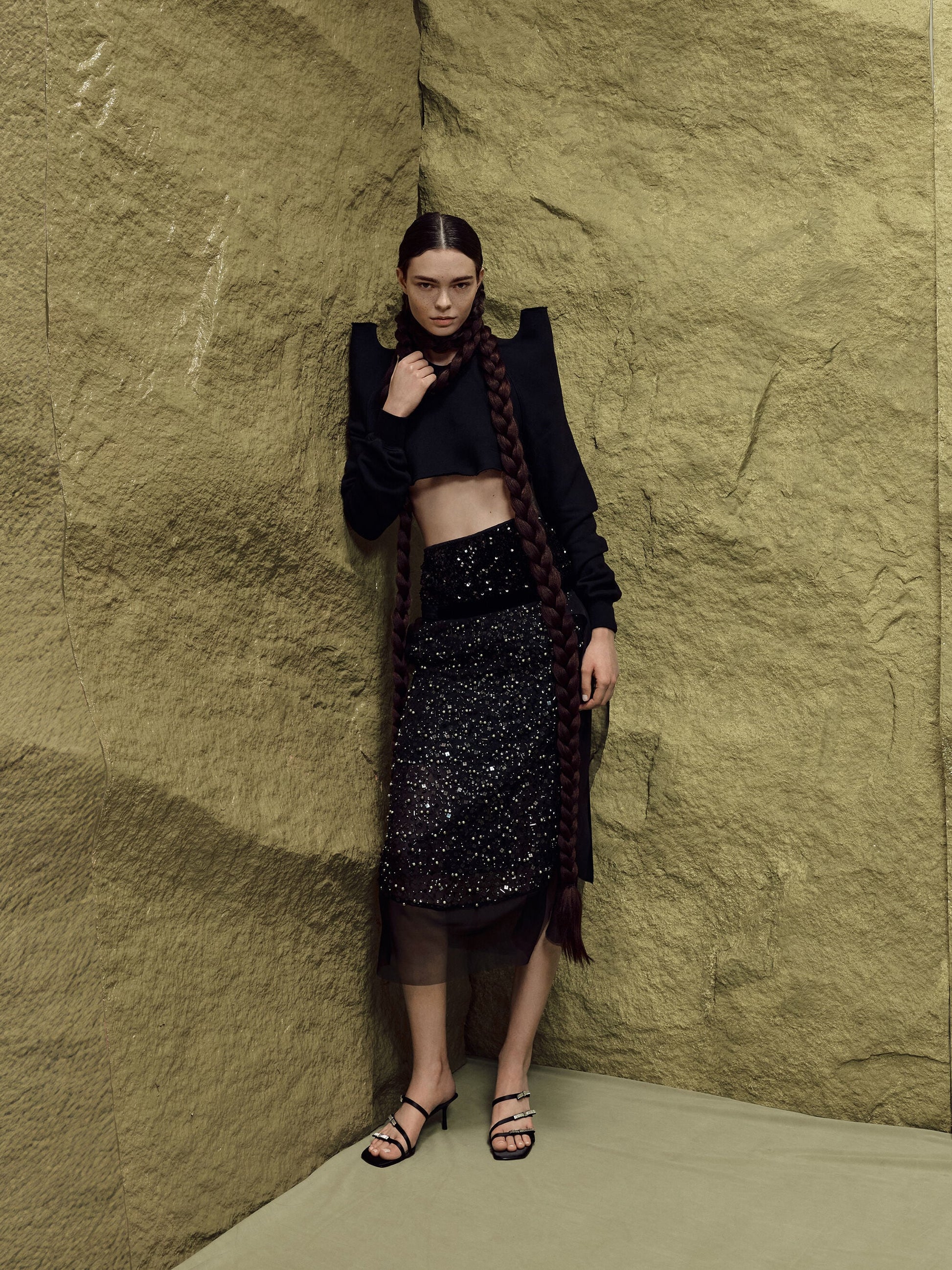 Jessy Gem-Bow Heeled Sandals - Black Textured | CHARLES & KEITH