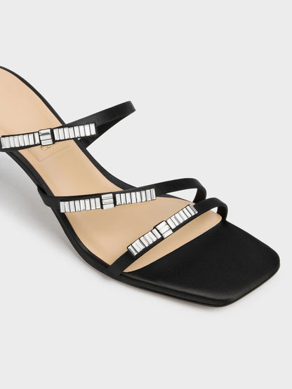 Jessy Gem-Bow Heeled Sandals - Black Textured | CHARLES & KEITH