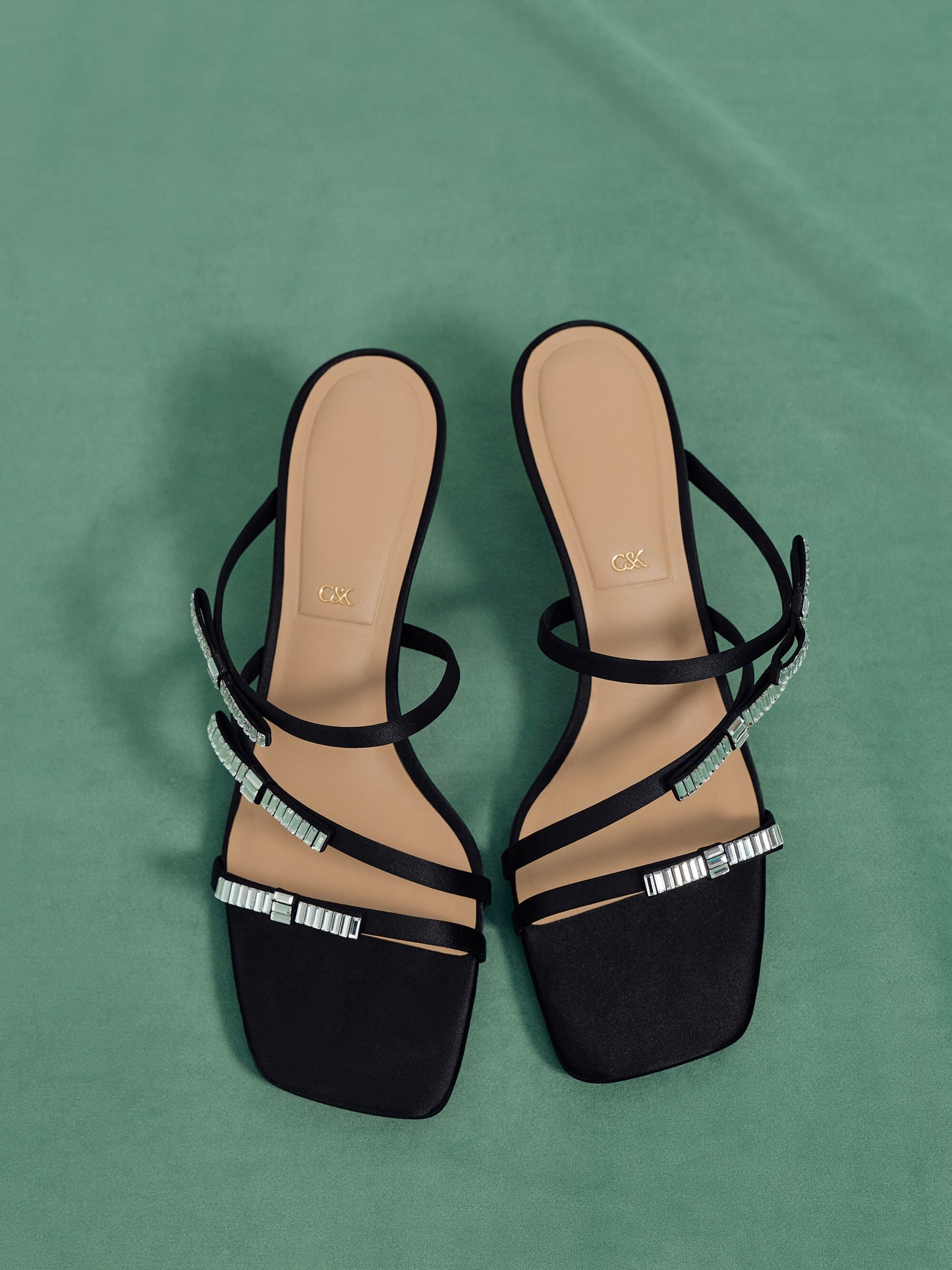 Jessy Gem-Bow Heeled Sandals - Black Textured | CHARLES & KEITH