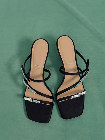 Jessy Gem-Bow Heeled Sandals - Black Textured | CHARLES & KEITH