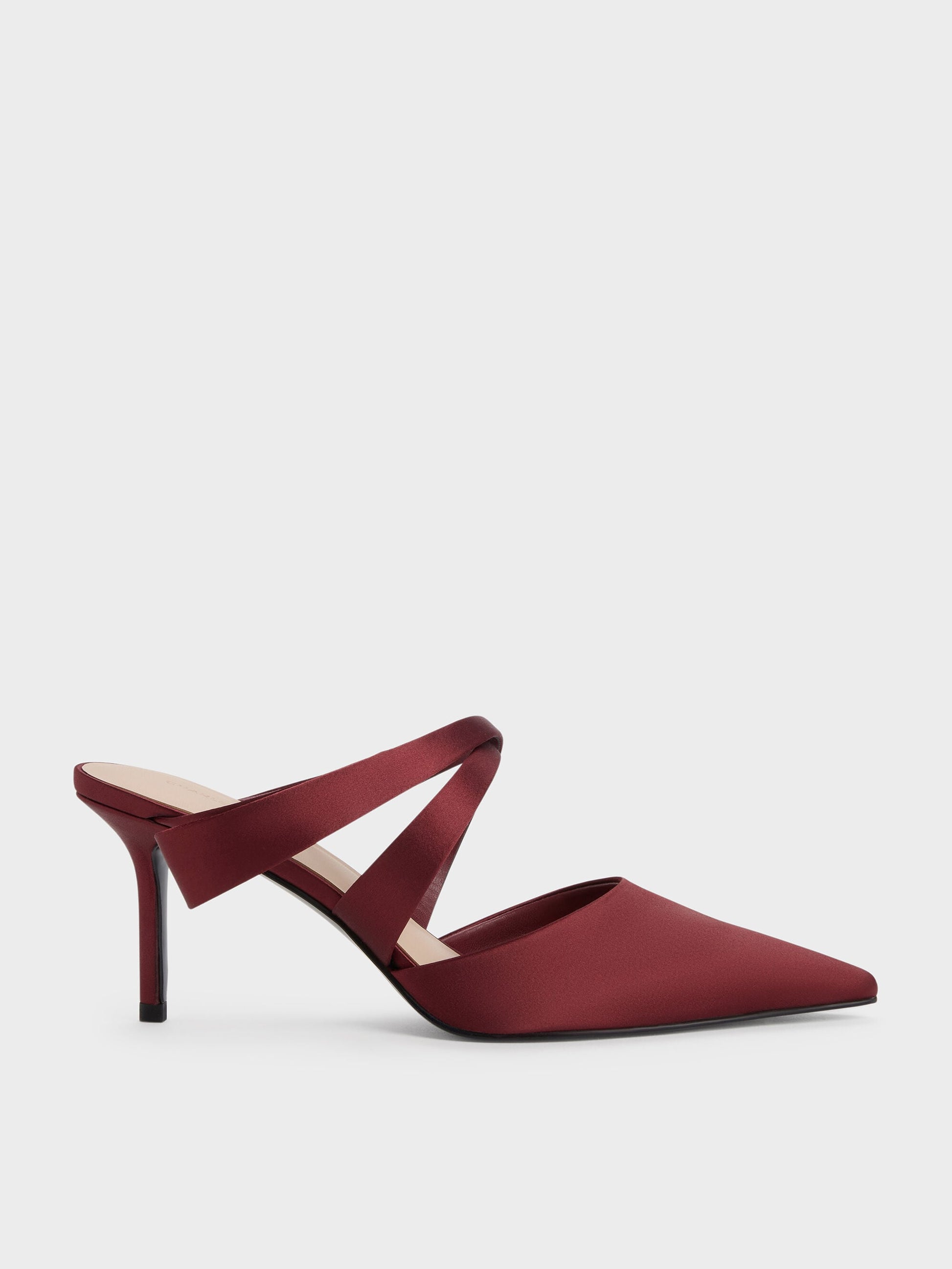 Satin Pleated-Strap Heeled Mules - Red | CHARLES & KEITH