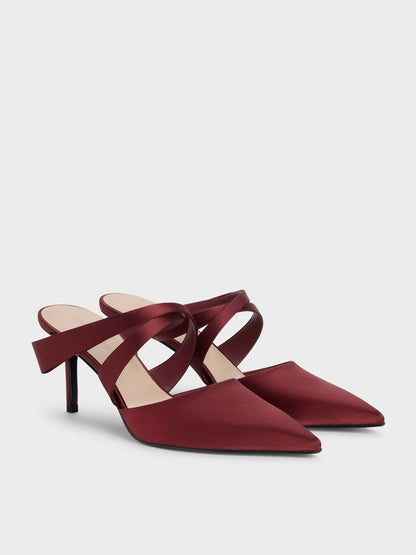 Satin Pleated-Strap Heeled Mules - Red | CHARLES & KEITH