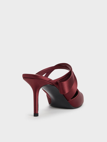 Satin Pleated-Strap Heeled Mules - Red | CHARLES & KEITH