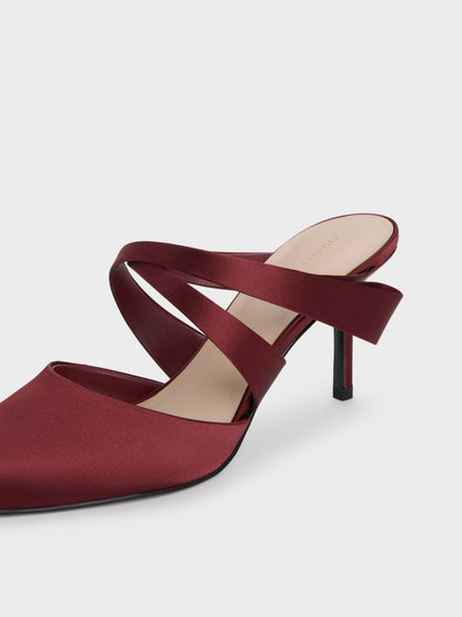 Satin Pleated-Strap Heeled Mules - Red | CHARLES & KEITH