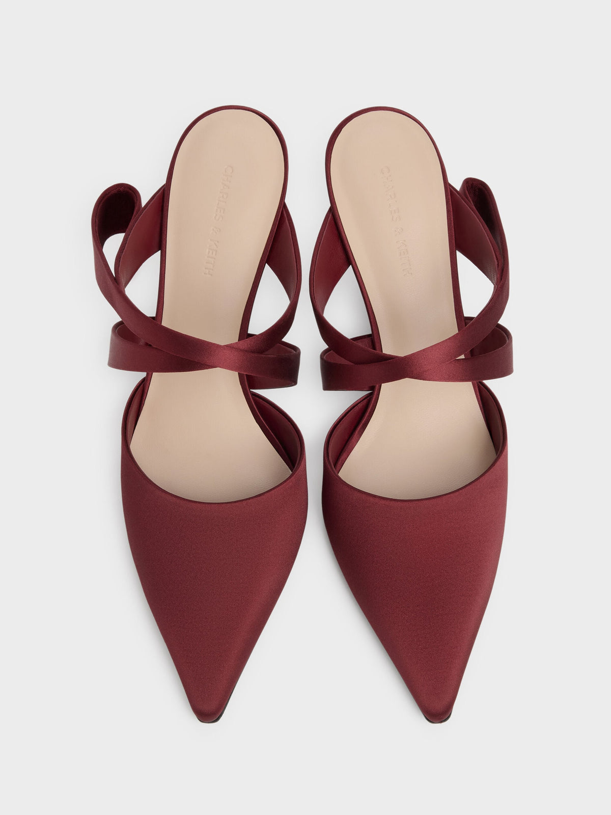 Satin Pleated-Strap Heeled Mules - Red | CHARLES & KEITH