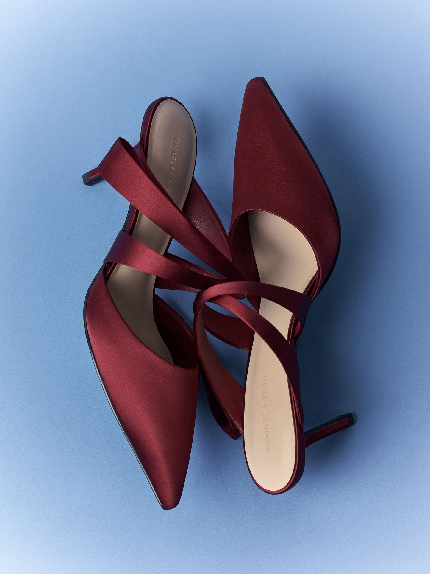 Satin Pleated-Strap Heeled Mules - Red | CHARLES & KEITH