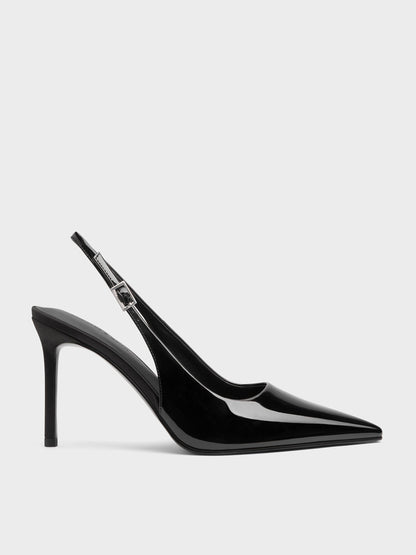 Patent Pointed Slingback Pumps - Black Patent | CHARLES & KEITH