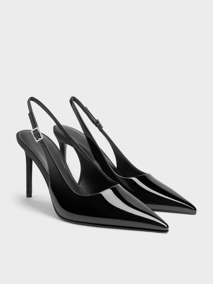 Patent Pointed Slingback Pumps - Black Patent | CHARLES & KEITH