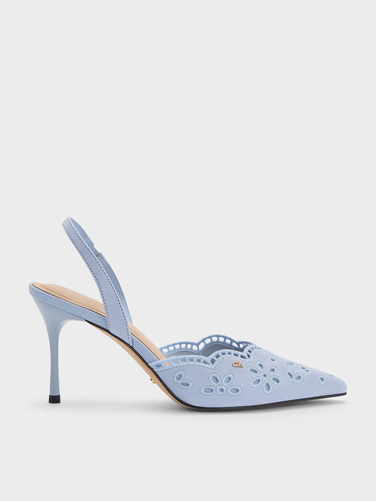 Leather Embroidered Pointed Slingback Pumps - Light Blue | CHARLES & KEITH