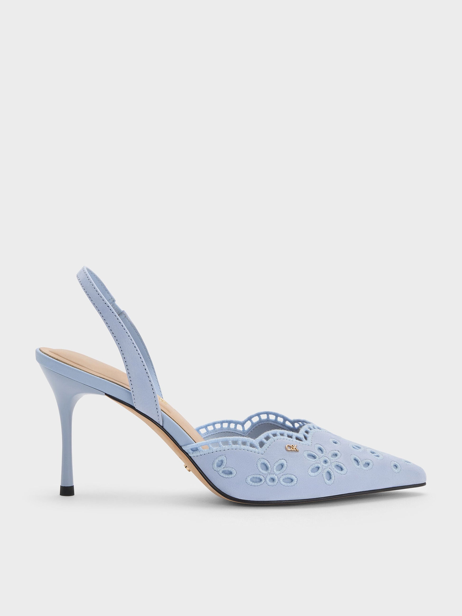 Leather Embroidered Pointed Slingback Pumps - Light Blue | CHARLES & KEITH