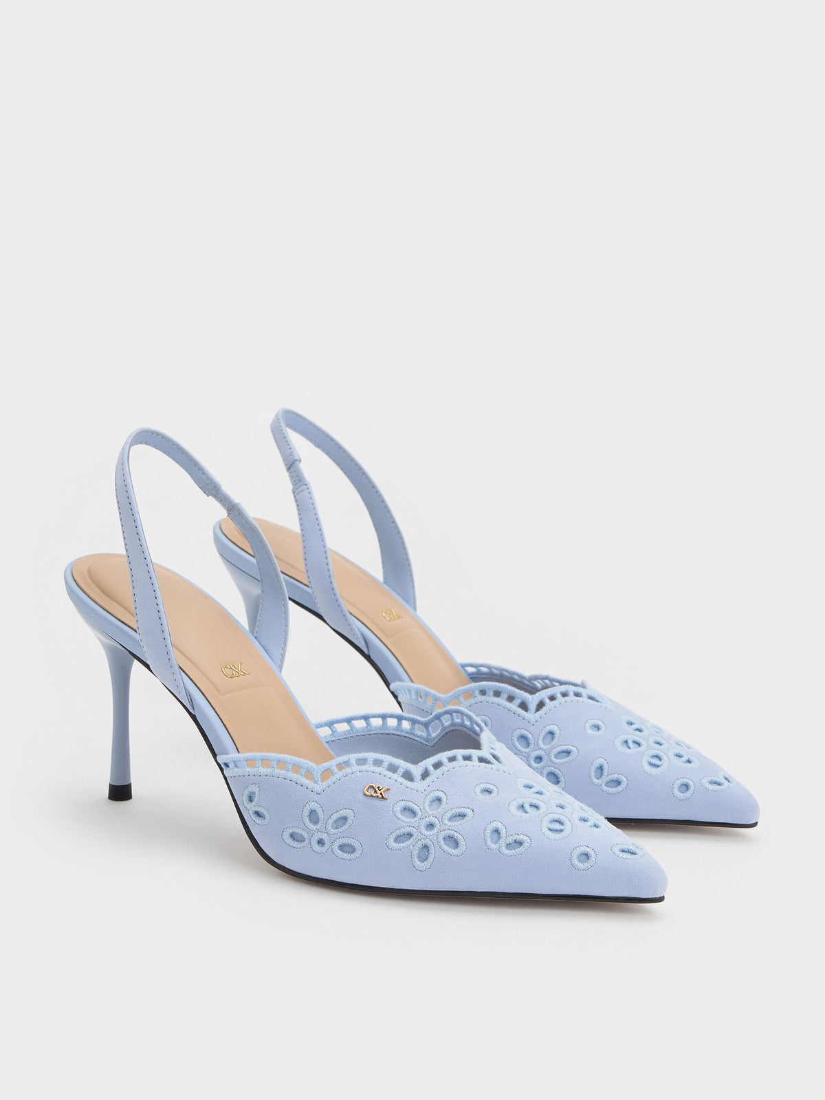 Leather Embroidered Pointed Slingback Pumps - Light Blue | CHARLES & KEITH